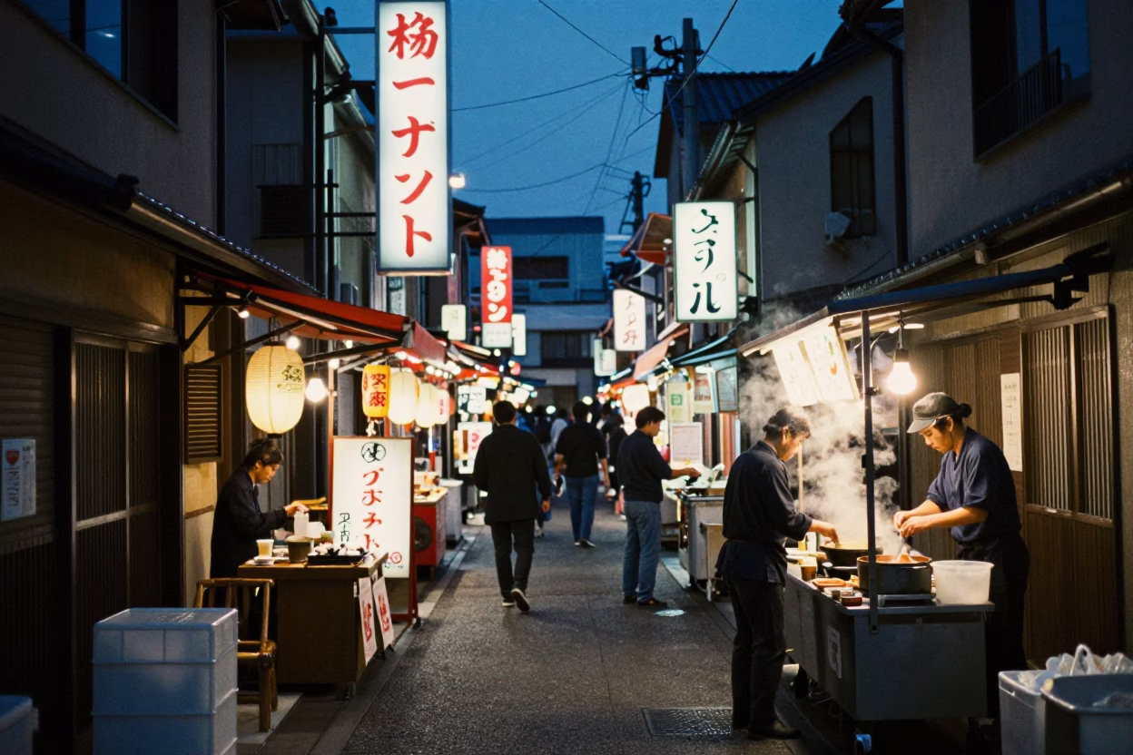 Indigo Twilight Street Scene in Osaka Japan with Food Stalls and Pedestrians in in Osaka, Japan