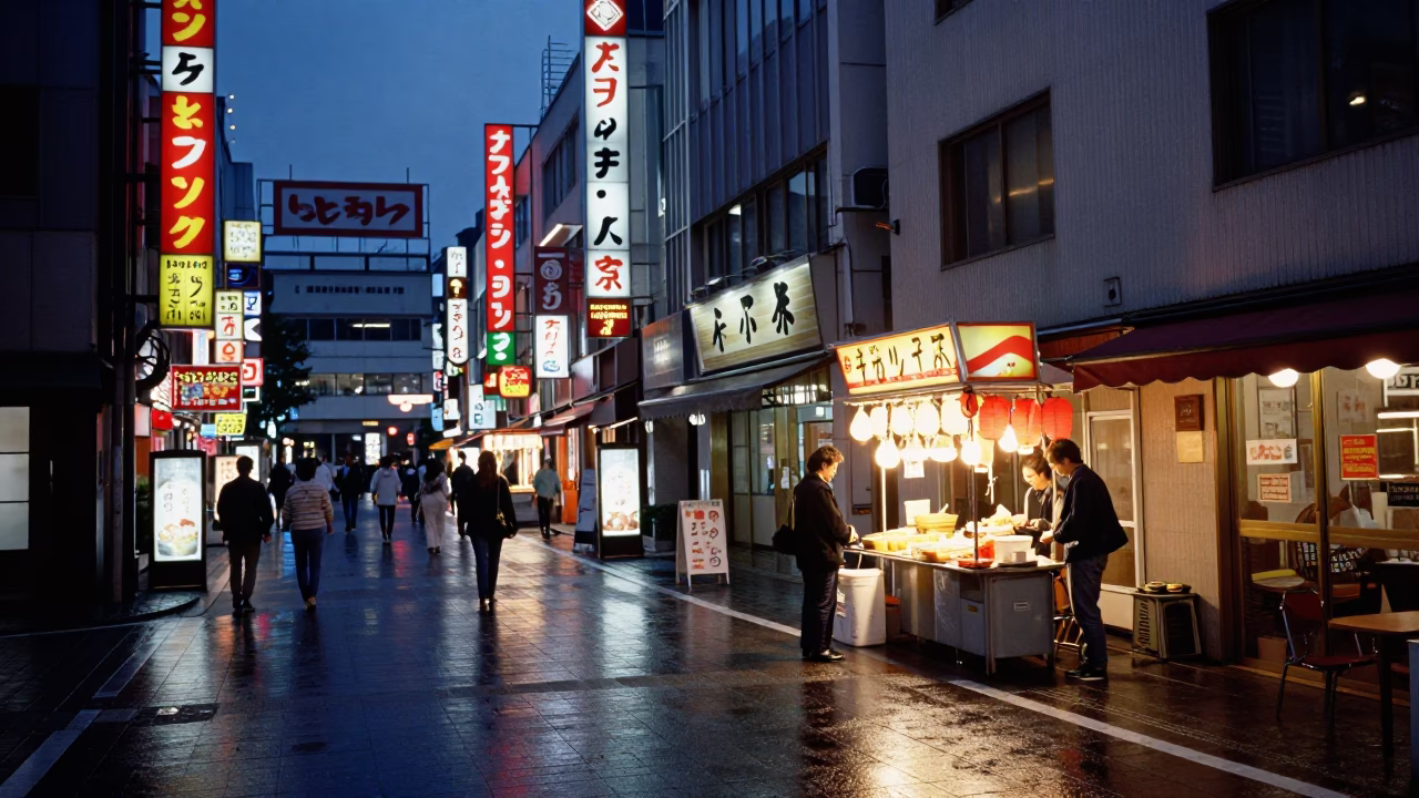 Indigo Twilight Street Scene in Osaka Japan with Neon Signs and Urban Life in in Osaka, Japan