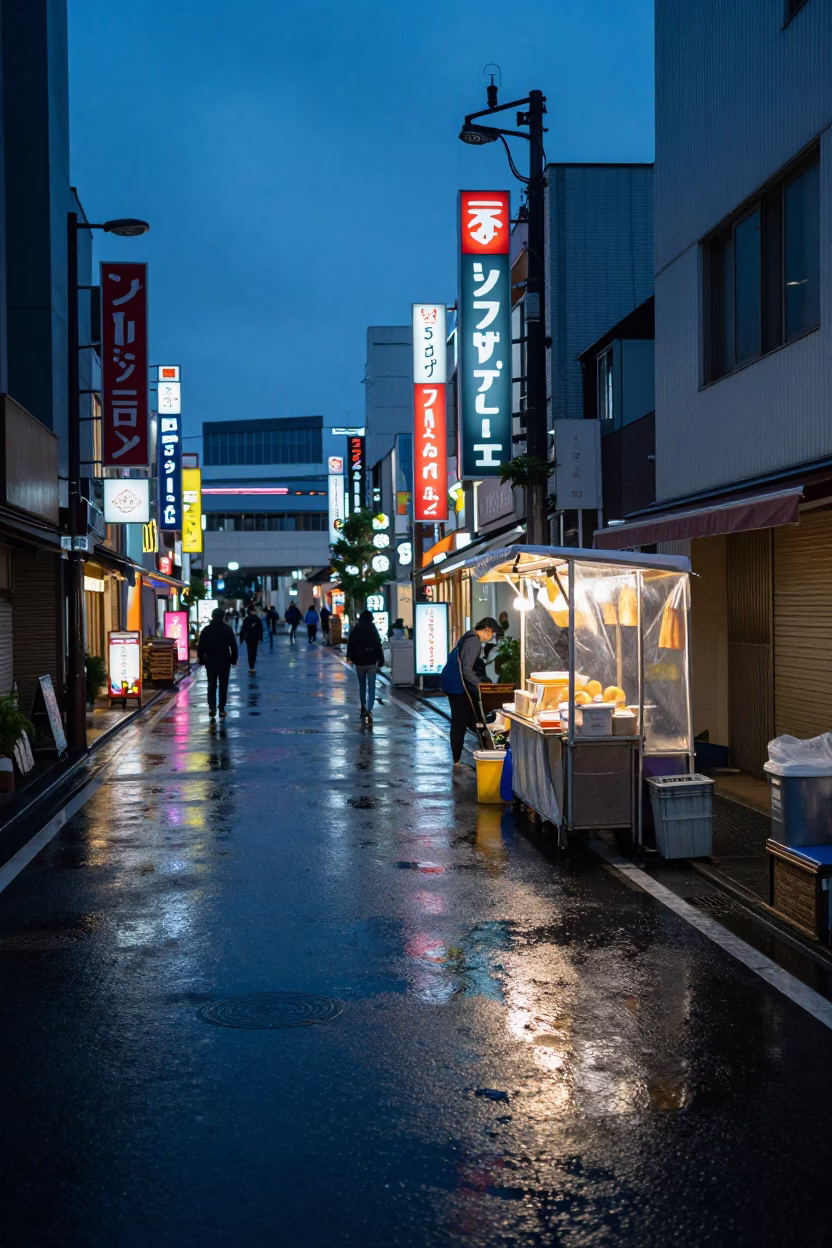 Indigo Twilight Street Scene in Osaka Japan with Rain Puddles and Local Dining in in Osaka, Japan