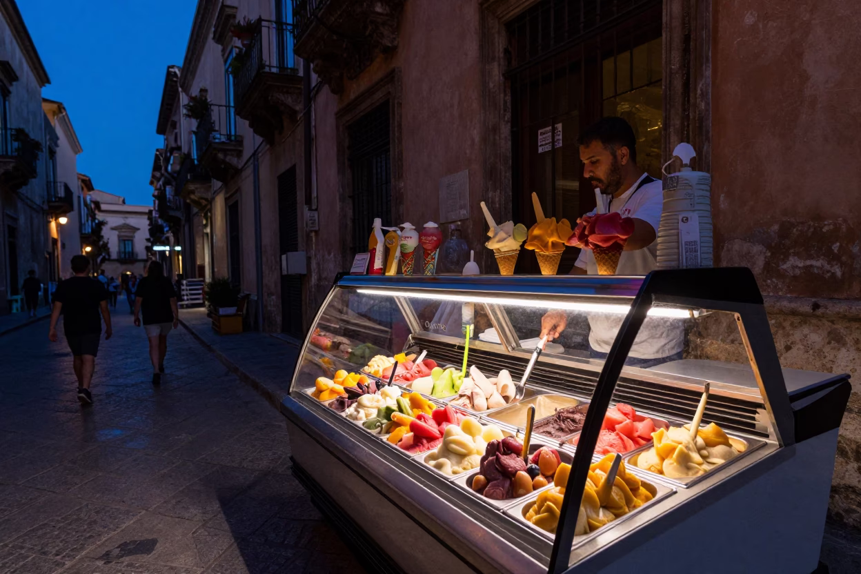 Indigo Twilight Street Scene in Palermo Italy with Gelato Display and Vintage Majolica Plate in in Palermo, Italy