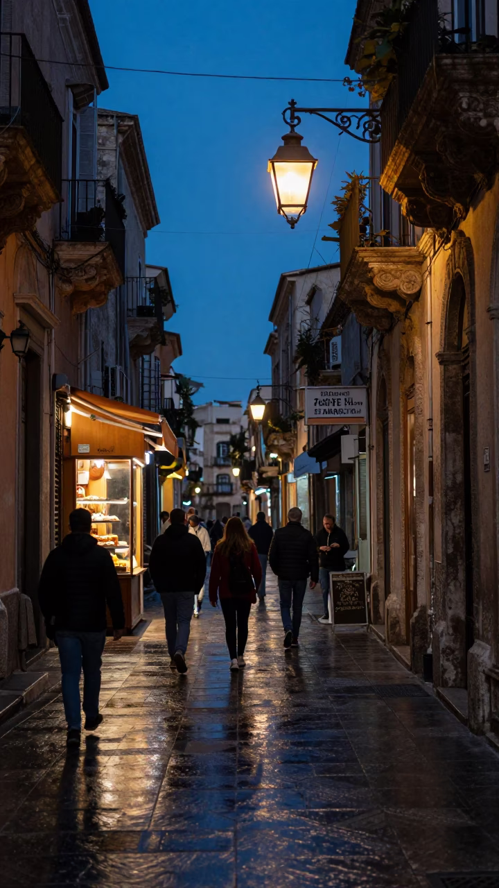 Indigo Twilight Street Scene in Palermo Italy with Lantern and Bakery in in Palermo, Italy