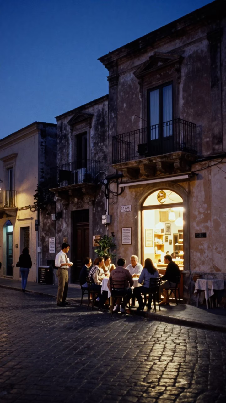 Indigo Twilight Street Scene in Palermo Italy with Local Dinner and Tailoring Tools in in Palermo, Italy