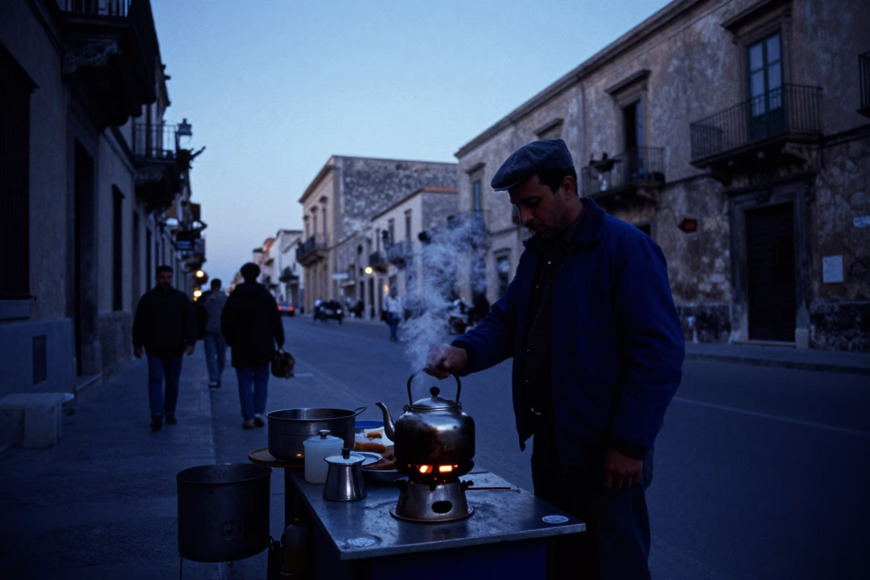 Indigo Twilight Street Scene in Palermo Italy with Tea Kettle and Condensation in in Palermo, Italy