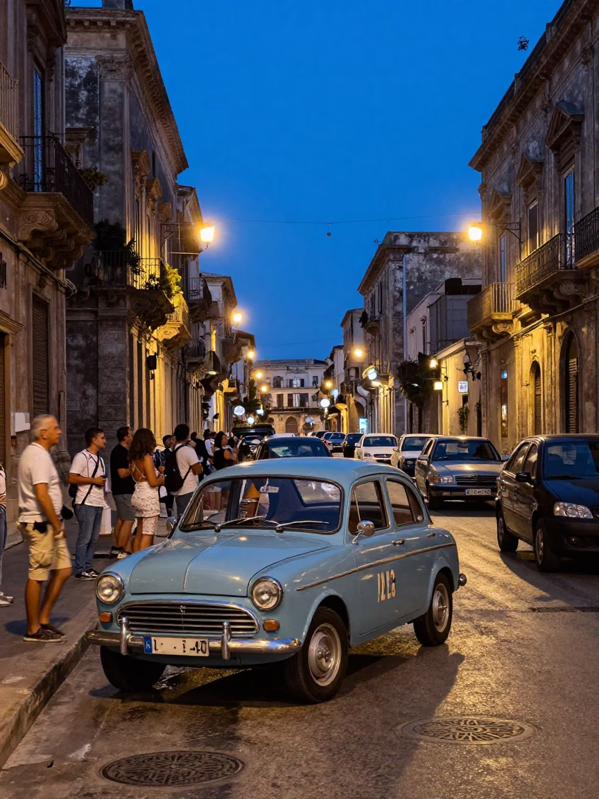 Indigo Twilight Street Scene in Palermo Italy with Vintage Car and Local Life in in Palermo, Italy