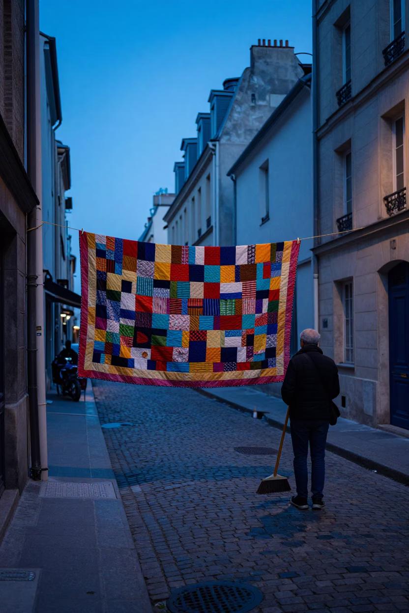 Indigo Twilight Street Scene in Paris with Quilt and Broom in in Paris, France