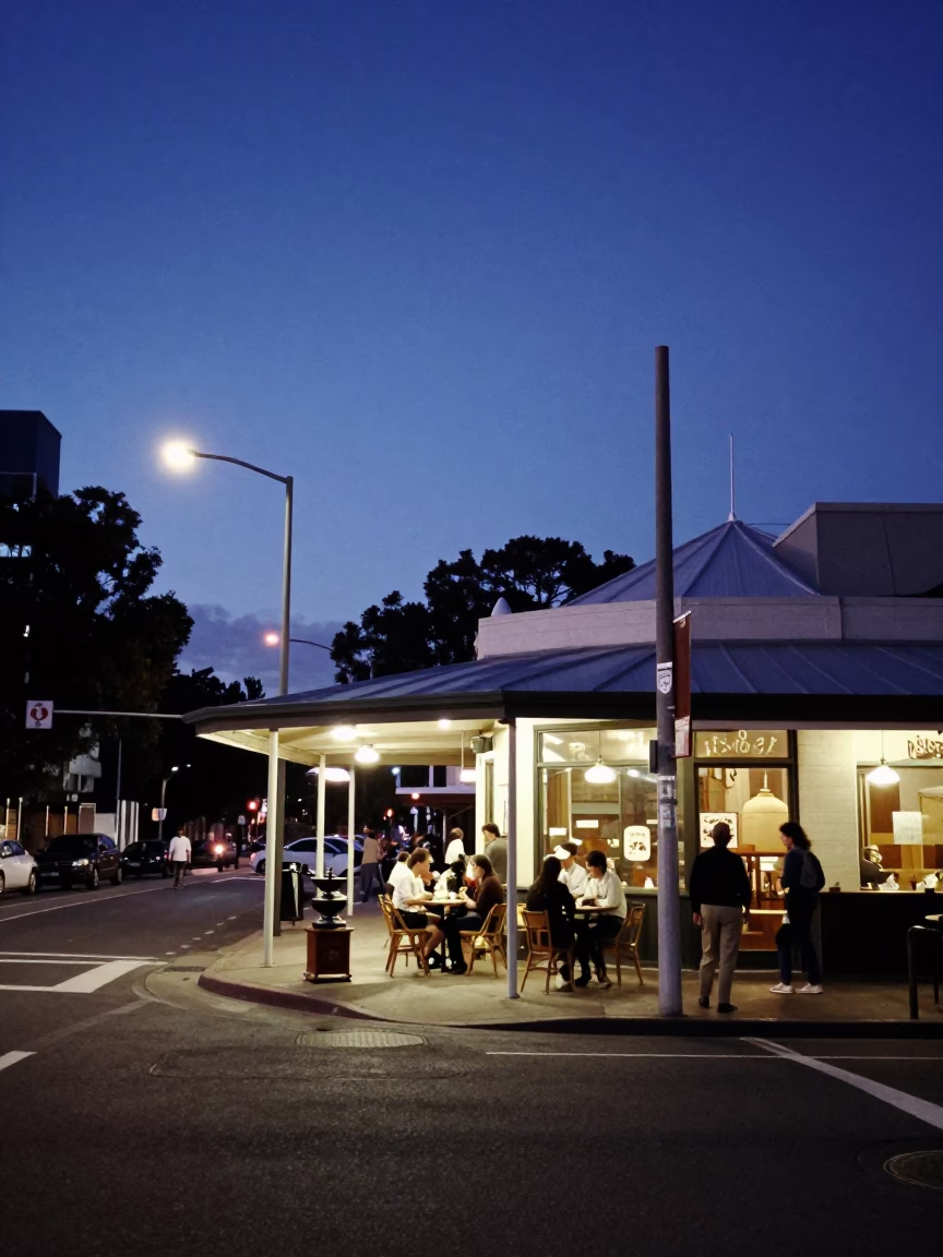 Indigo Twilight Street Scene in Perth Western Australia with Coffee Grinder and Fruit Vendor in in Perth, Western Australia, Australia