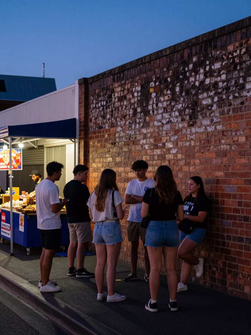 Indigo Twilight Street Scene in Perth Western Australia with Local Snacks and Vintage Details in in Perth, Western Australia, Australia