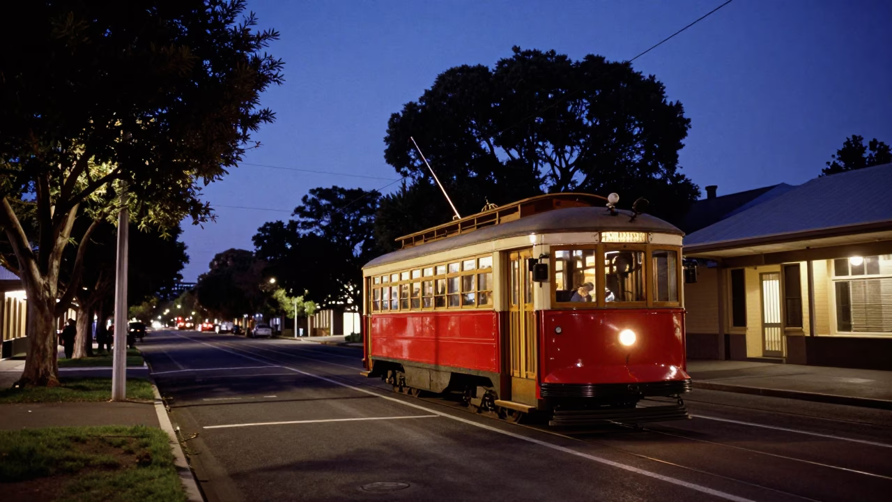 Indigo Twilight Street Scene in Perth Western Australia With Old Trolley in in Perth, Western Australia, Australia