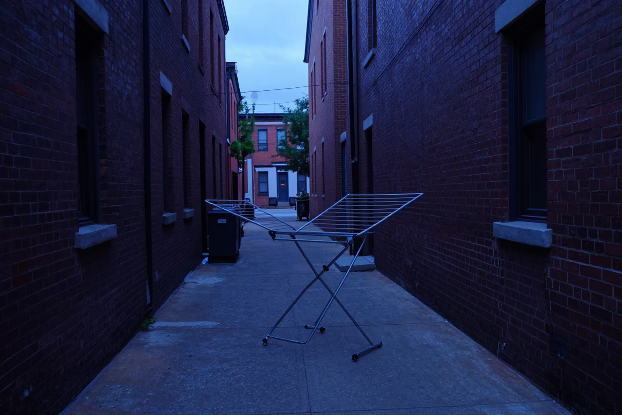 Indigo Twilight Street Scene in Philadelphia Pennsylvania with Drying Rack and Purple Iris Garden in in Philadelphia, Pennsylvania, United States