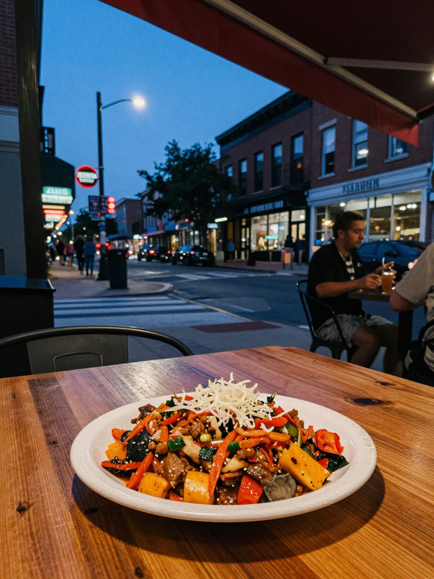 Indigo Twilight Street Scene in Philadelphia Pennsylvania with Lomo Saltado and Magnolia Tree in in Philadelphia, Pennsylvania, United States