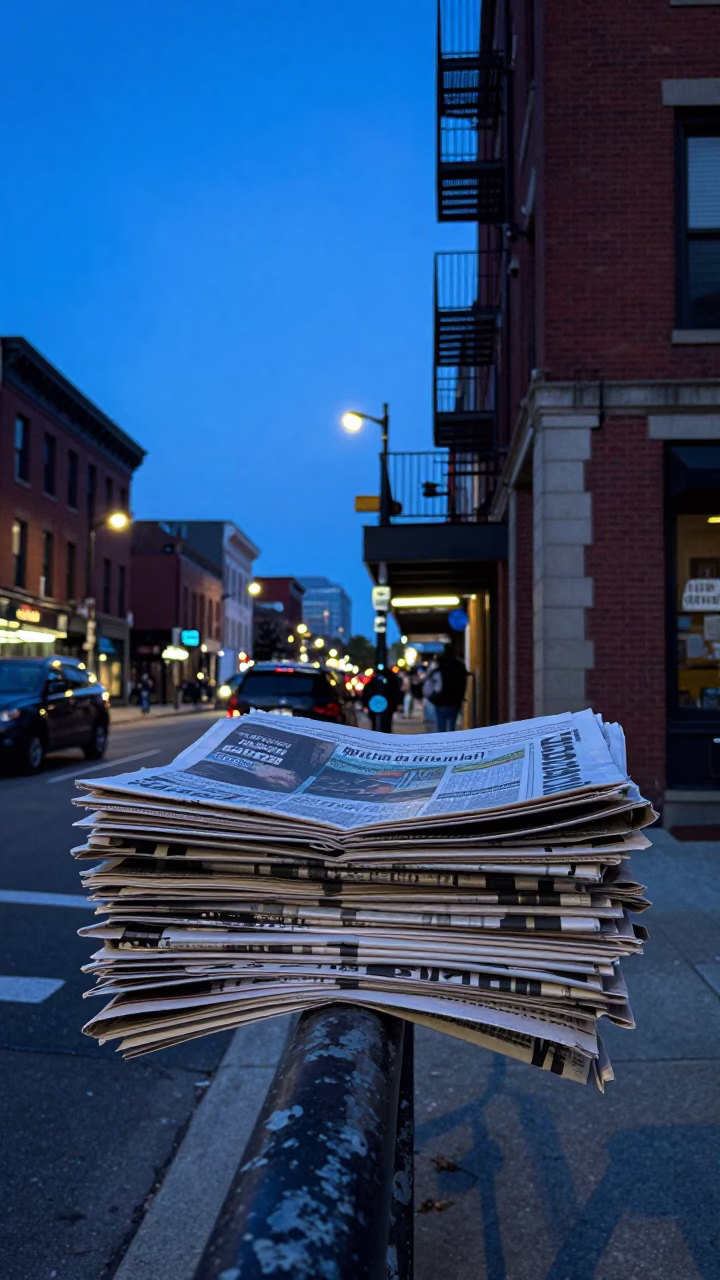 Indigo Twilight Street Scene in Philadelphia Pennsylvania with Newspaper Stack and Urban Details in in Philadelphia, Pennsylvania, United States