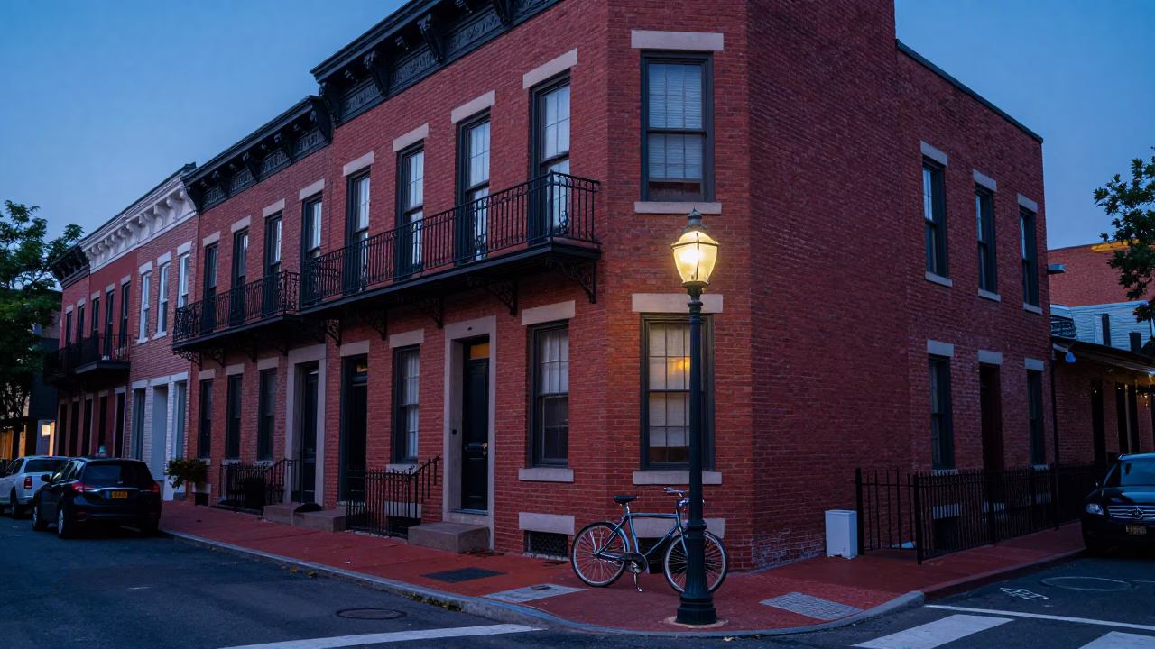 Indigo Twilight Street Scene in Philadelphia Pennsylvania with Vintage Architecture and Urban Details in in Philadelphia, Pennsylvania, United States