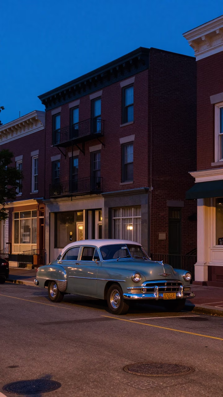 Indigo Twilight Street Scene in Philadelphia Pennsylvania with Vintage Architecture and Urban Life in in Philadelphia, Pennsylvania, United States