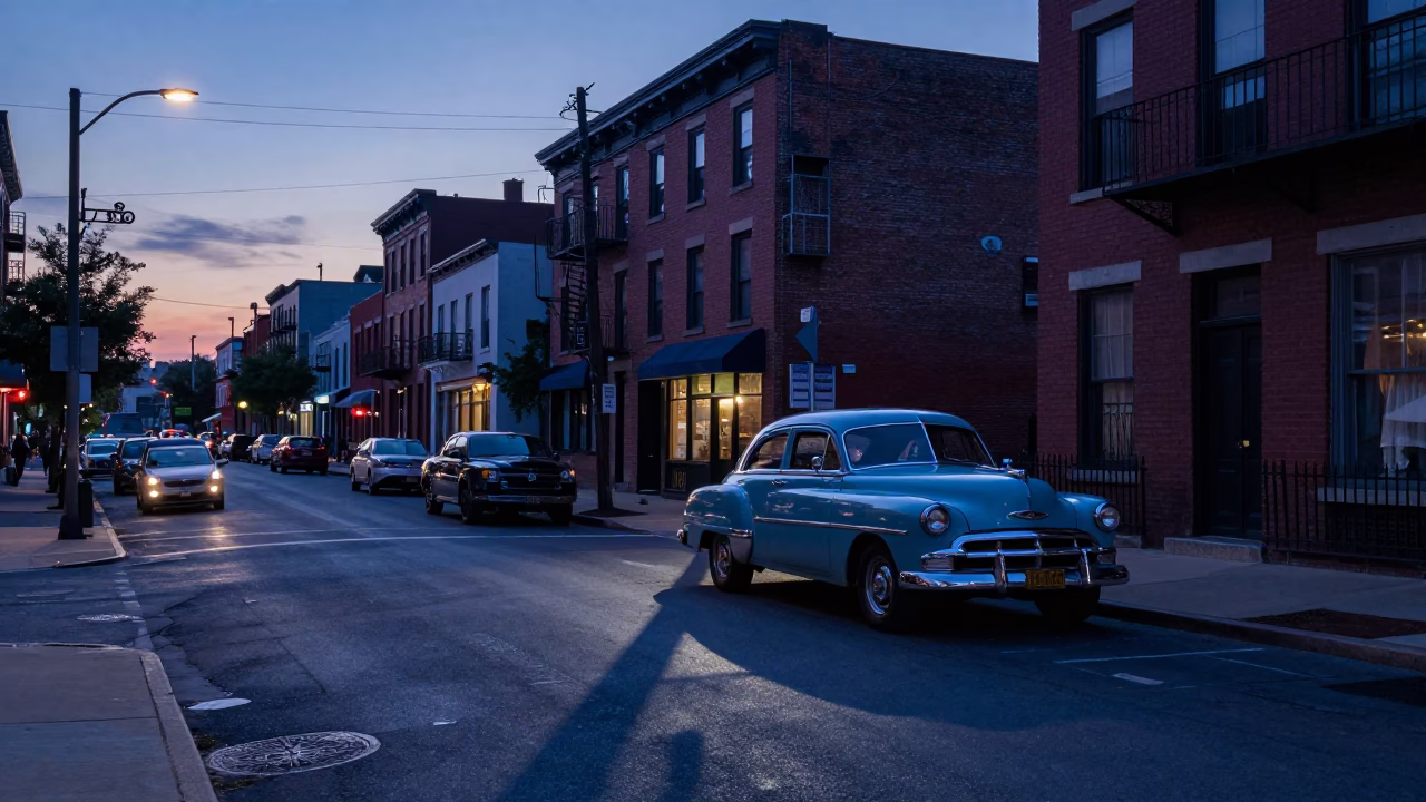 Indigo Twilight Street Scene in Philadelphia Pennsylvania with Vintage Car and Echeveria Plant in in Philadelphia, Pennsylvania, United States