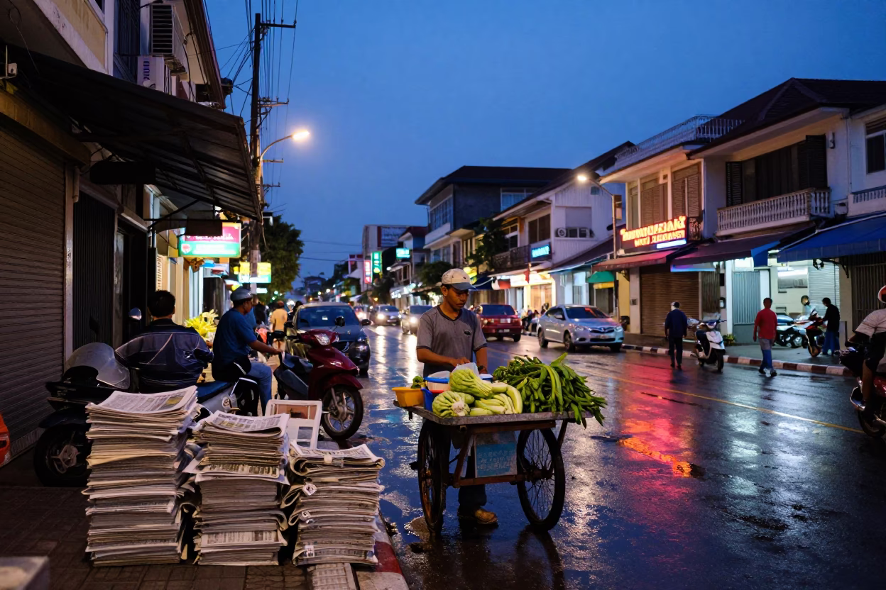 Indigo Twilight Street Scene in Phnom Penh Cambodia with Newspaper Stack and Local Life in in Phnom Penh, Cambodia