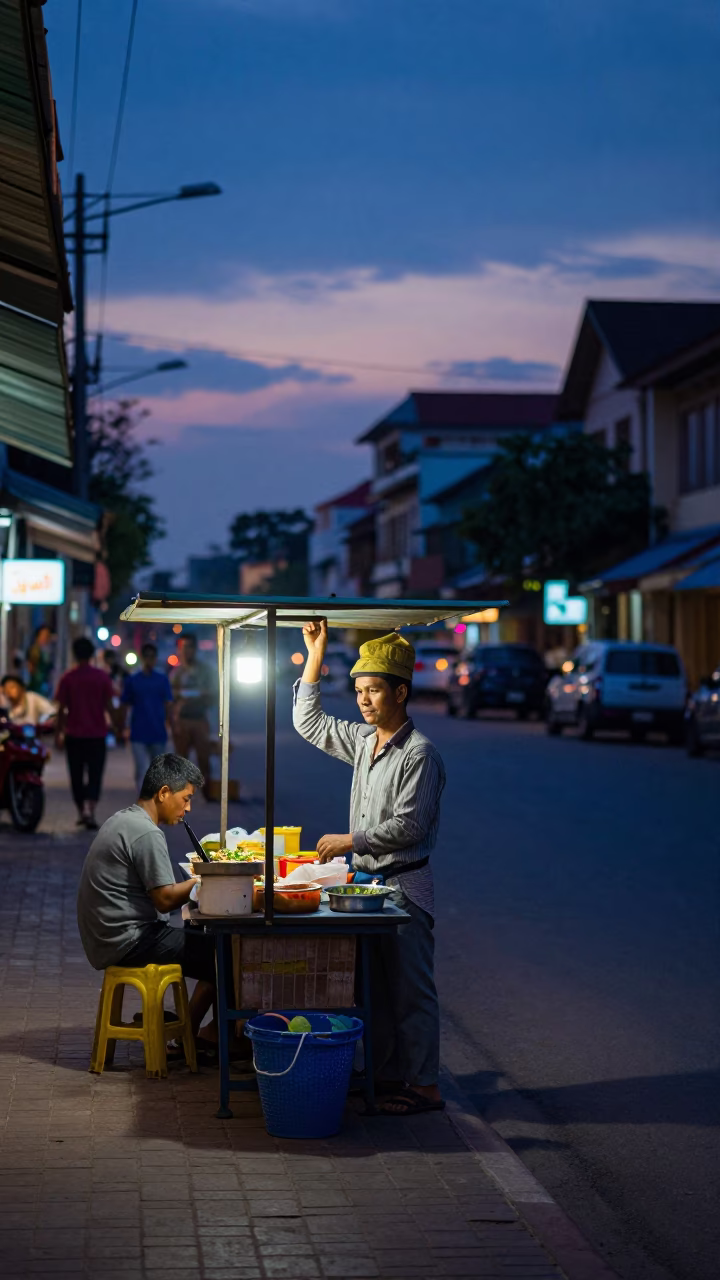 Indigo Twilight Street Scene in Phnom Penh Cambodia with Vintage 1970s Aesthetic in in Phnom Penh, Cambodia