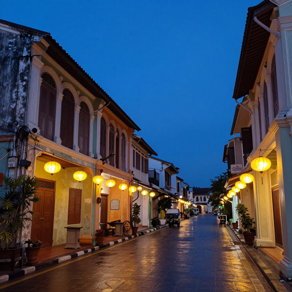 Indigo Twilight Street Scene in Phuket Old Town with Lanterns and Folding Stools in in Phuket, Thailand
