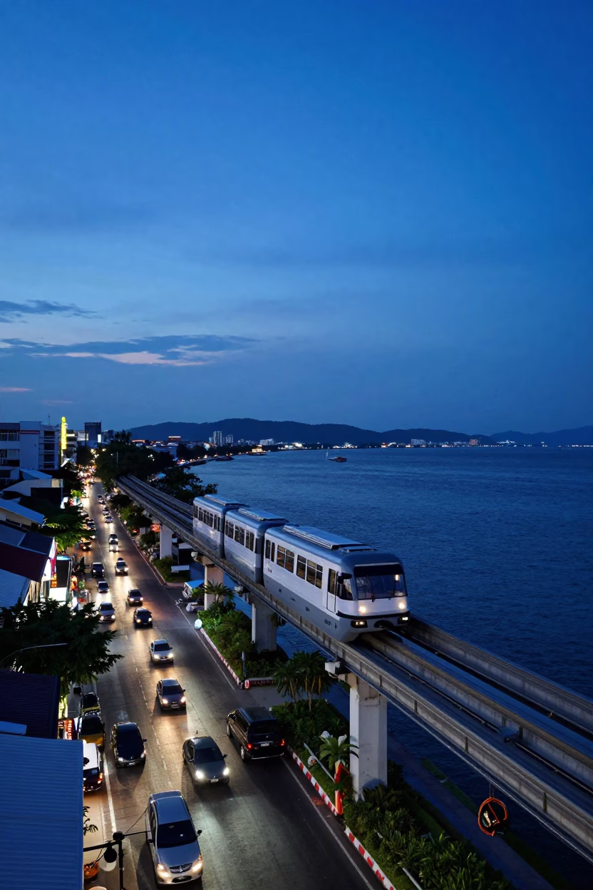 Indigo Twilight Street Scene in Phuket Thailand with Monorail and River in in Phuket, Thailand