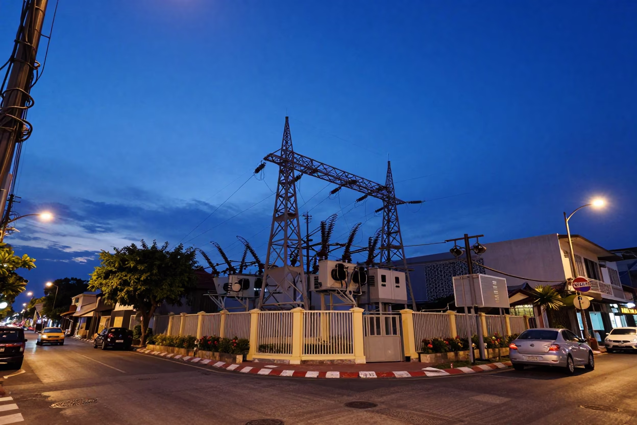Indigo Twilight Street Scene in Phuket Thailand with Power Substation and Local Vendor in in Phuket, Thailand