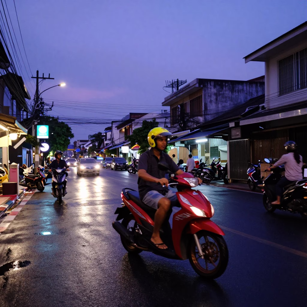 Indigo Twilight Street Scene in Phuket Thailand with Scooter and Local Life in in Phuket, Thailand