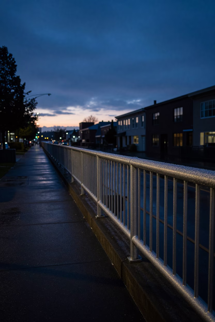 Indigo Twilight Street Scene in Portland Oregon with Condensation on Metal Rail in in Portland, Oregon, United States