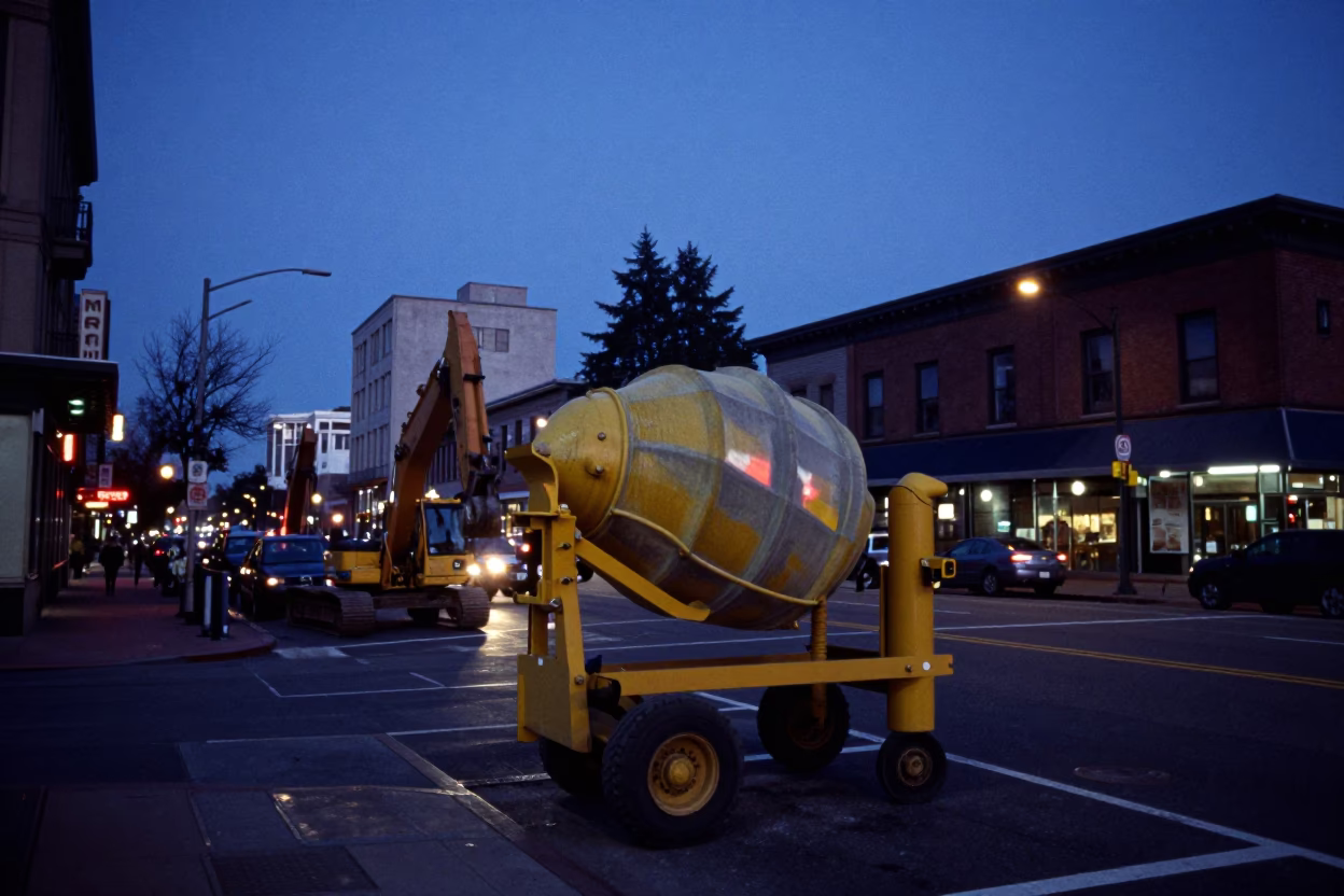 Indigo Twilight Street Scene in Portland Oregon with Construction Equipment and Urban Details in in Portland, Oregon, United States