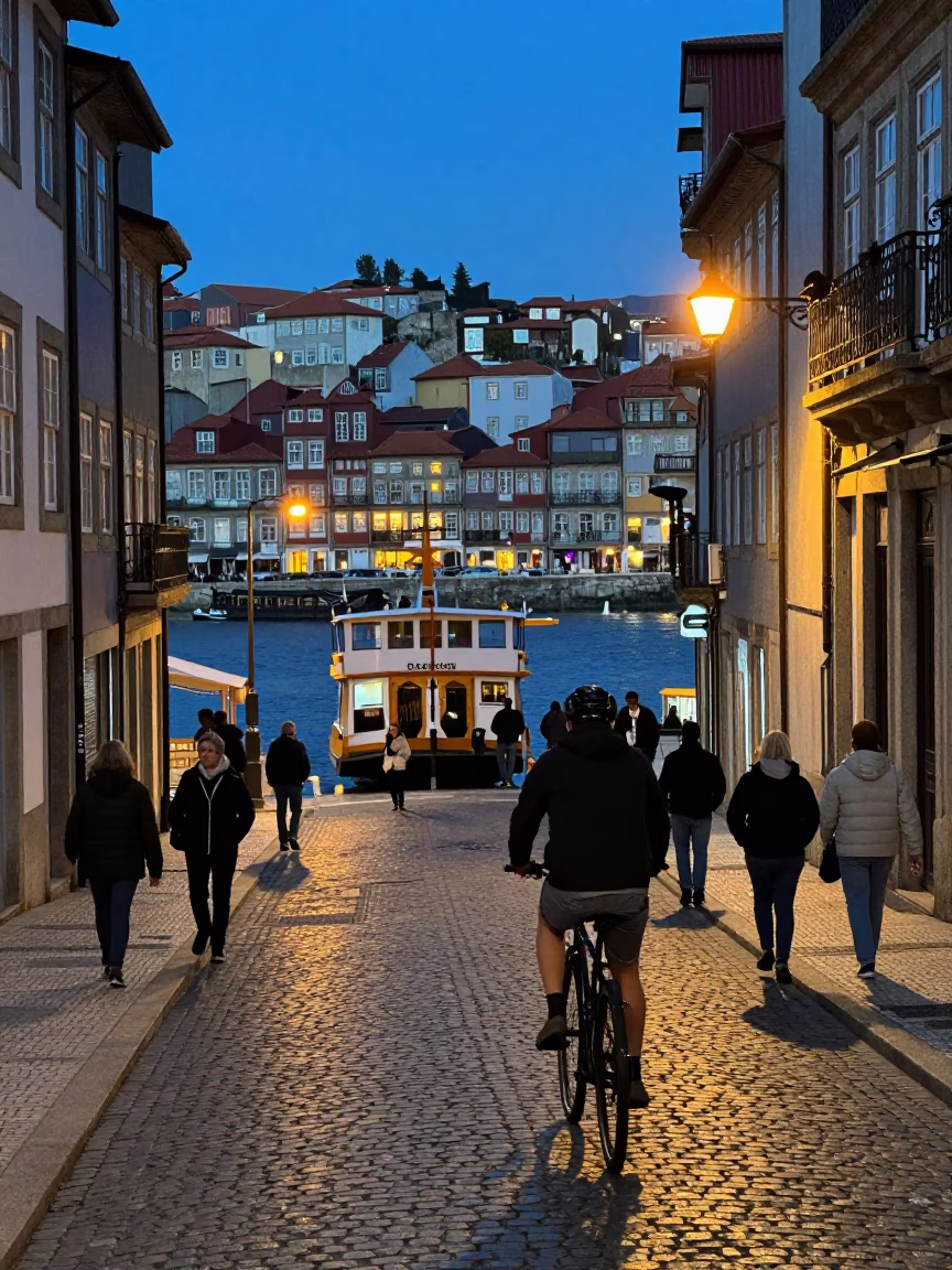 Indigo Twilight Street Scene in Porto Portugal with Bicycle and Ferry View in in Porto, Portugal
