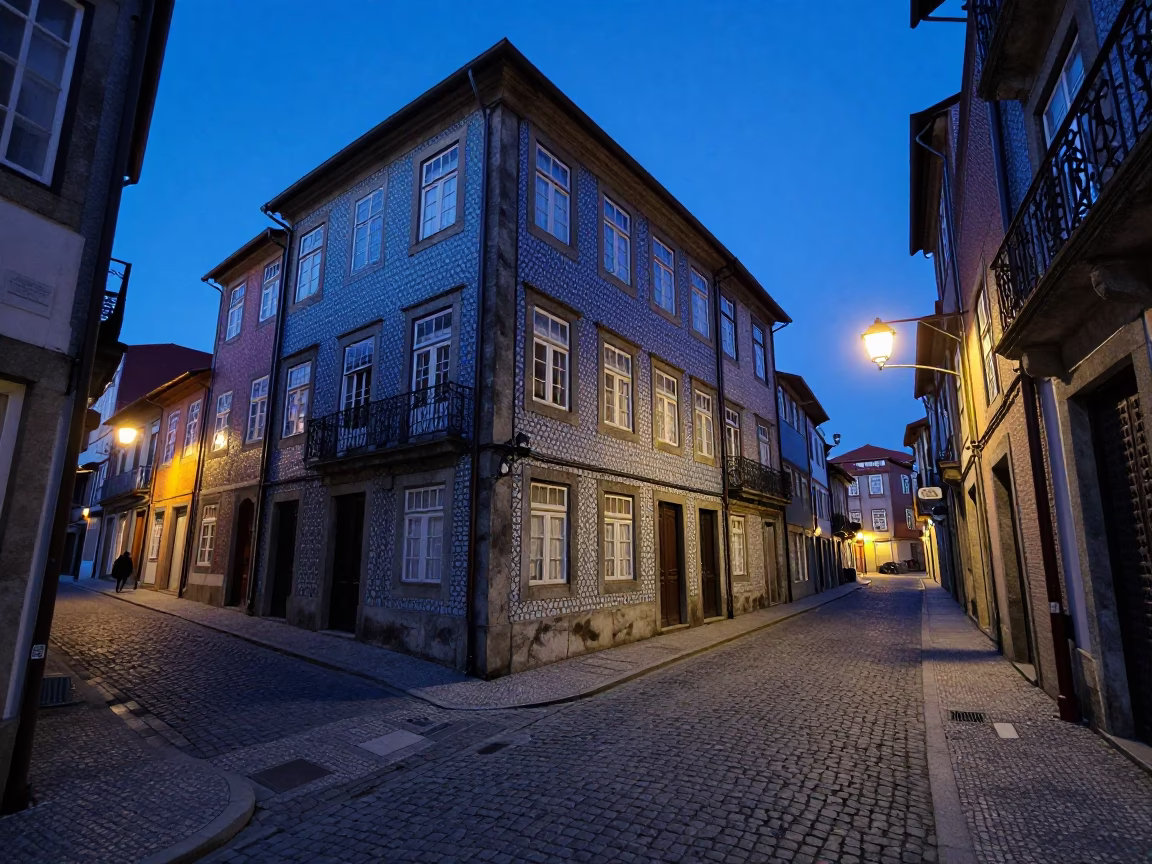 Indigo Twilight Street Scene in Porto Portugal with Historic Architecture in in Porto, Portugal