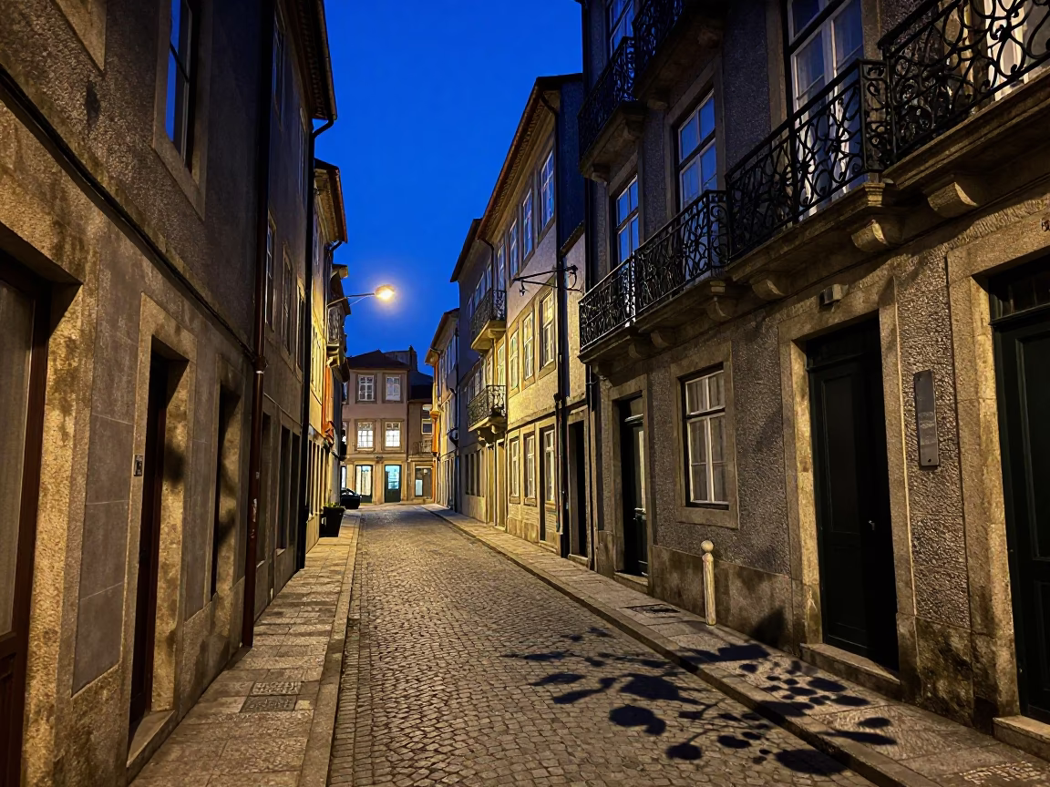 Indigo Twilight Street Scene in Porto Portugal with Leaf Shadows and Iron Details in in Porto, Portugal
