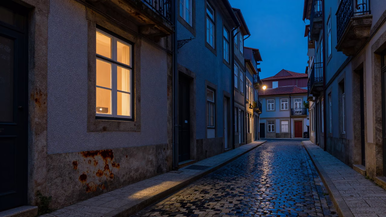 Indigo Twilight Street Scene in Porto Portugal with Rust and Scuffed Wood Details in in Porto, Portugal