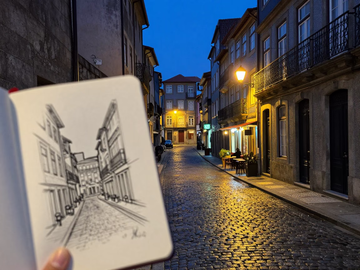 Indigo Twilight Street Scene in Porto Portugal with Sketchbook and Urban Details in in Porto, Portugal