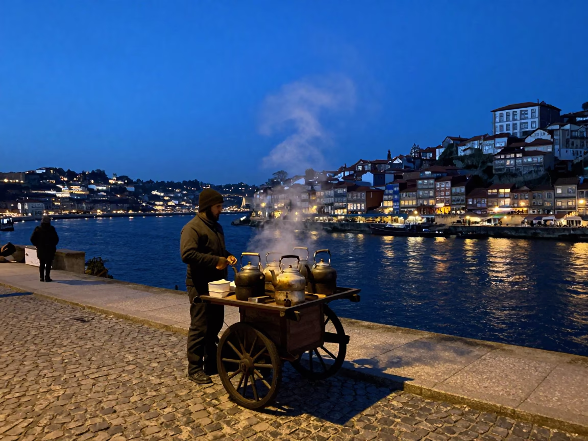 Indigo Twilight Street Scene in Porto Portugal with Tea Kettles and Urban Life in in Porto, Portugal