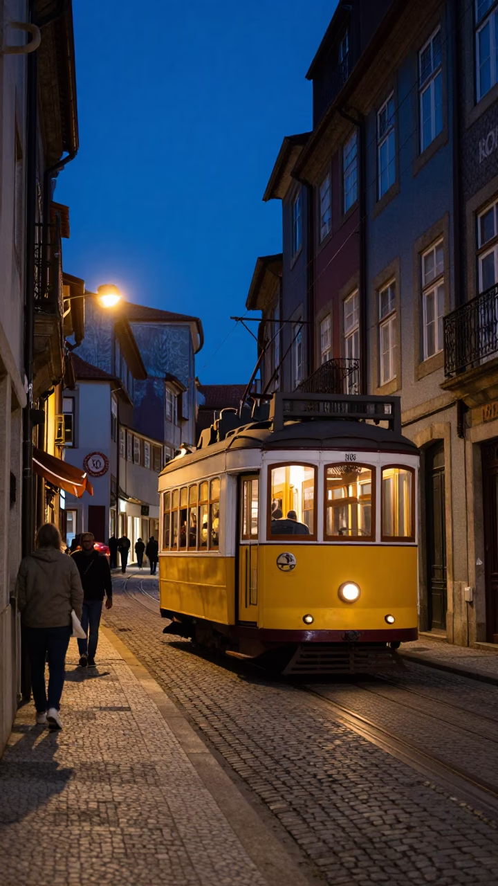 Indigo Twilight Street Scene in Porto Portugal with Vintage Tram and Local Diners in in Porto, Portugal