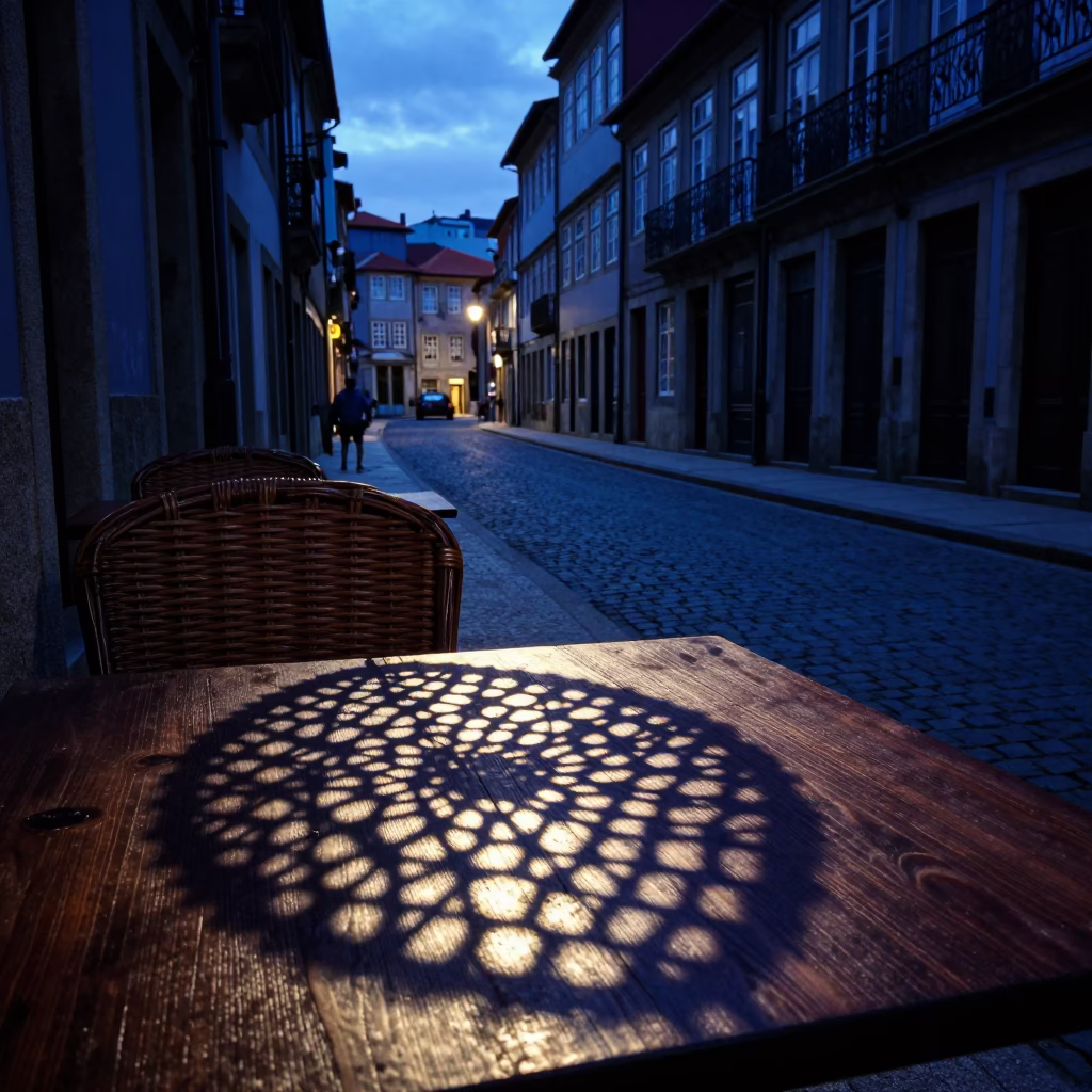 Indigo Twilight Street Scene in Porto Portugal with Wicker Shadows on Tabletop in in Porto, Portugal