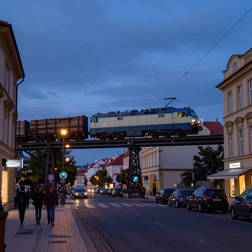 Indigo Twilight Street Scene in Prague Featuring a Locomotive Crossing a Trestle with Lumber in in Prague, Czech Republic