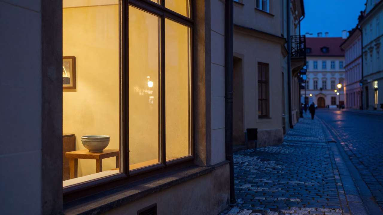 Indigo Twilight Street Scene in Prague Featuring Window Light and Ceramic Bowl in in Prague, Czech Republic