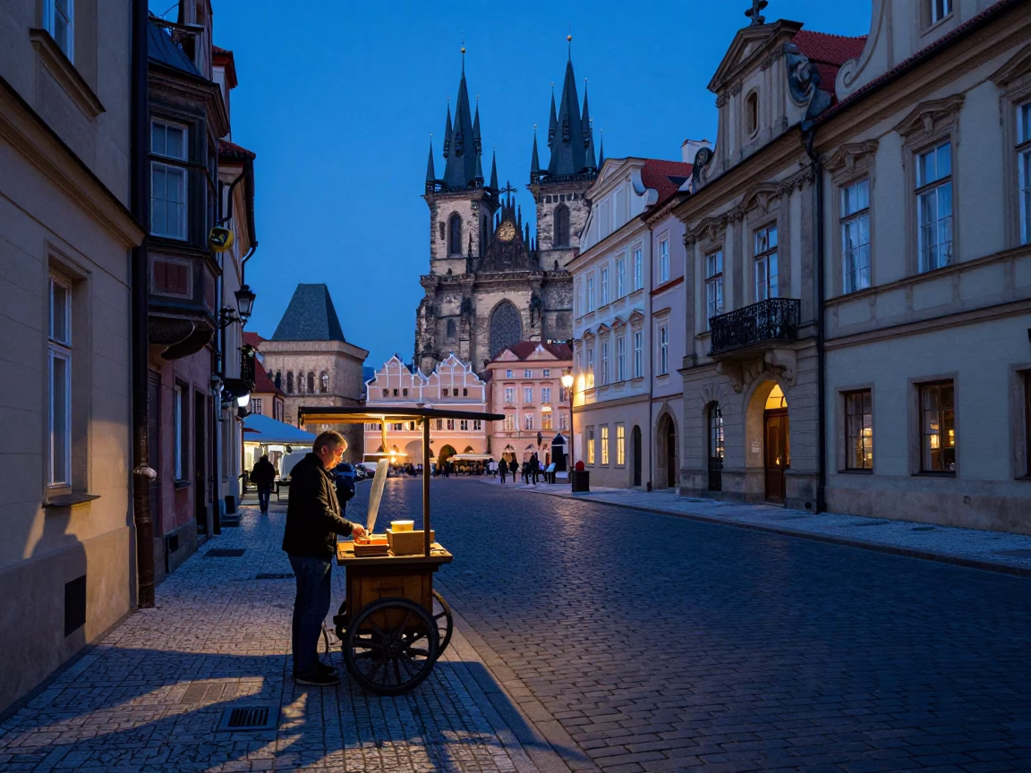Indigo Twilight Street Scene in Prague with Fruit Knife and Mortar in in Prague, Czech Republic