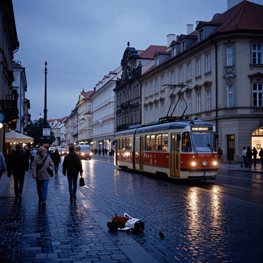 Indigo Twilight Street Scene in Prague with Tram and Fallen Petals in in Prague, Czech Republic