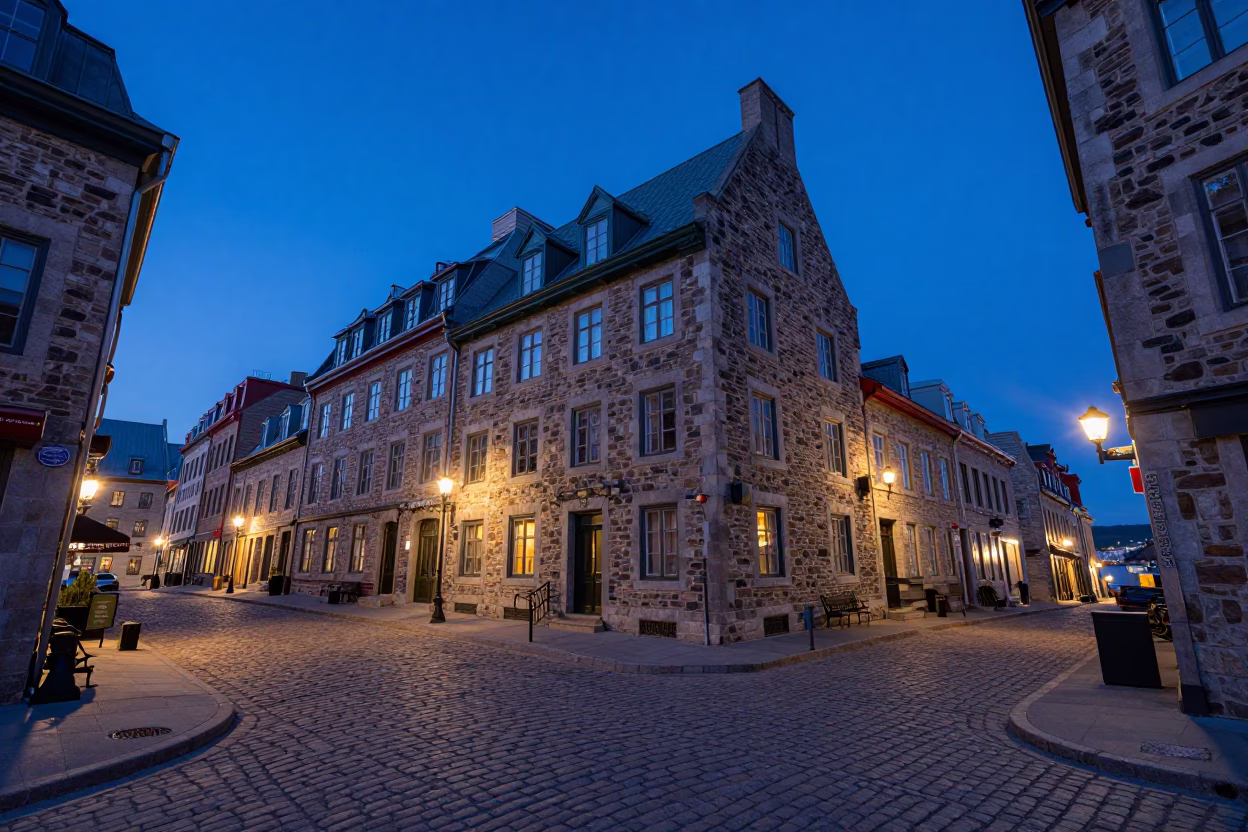 Indigo Twilight Street Scene in Quebec City featuring historic stone architecture and urban life in in Quebec City, Quebec, Canada