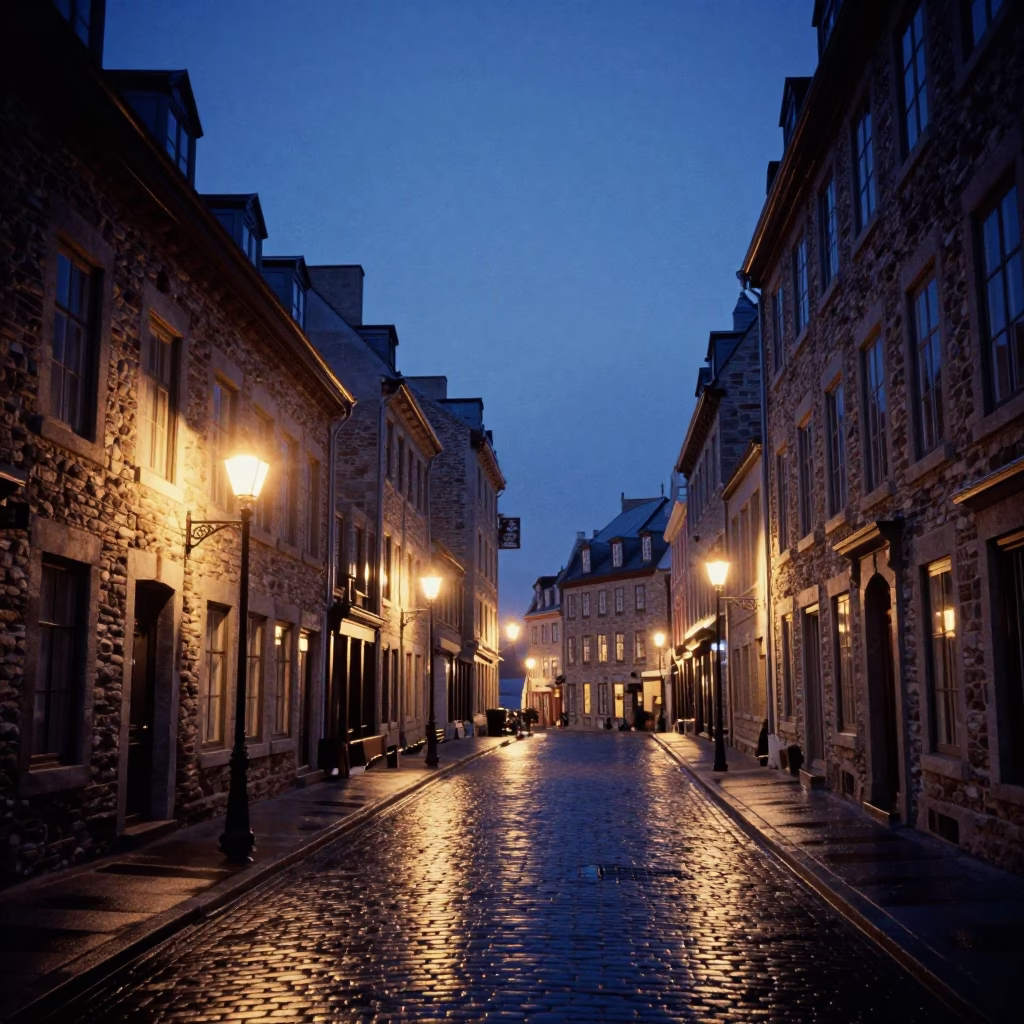 Indigo twilight street scene in Quebec City with historic stone architecture and evening ambiance in in Quebec City, Quebec, Canada