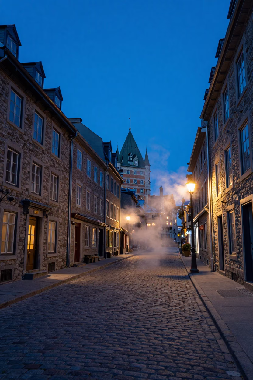 Indigo Twilight Street Scene in Quebec City with Steam Rising from Cup in in Quebec City, Quebec, Canada