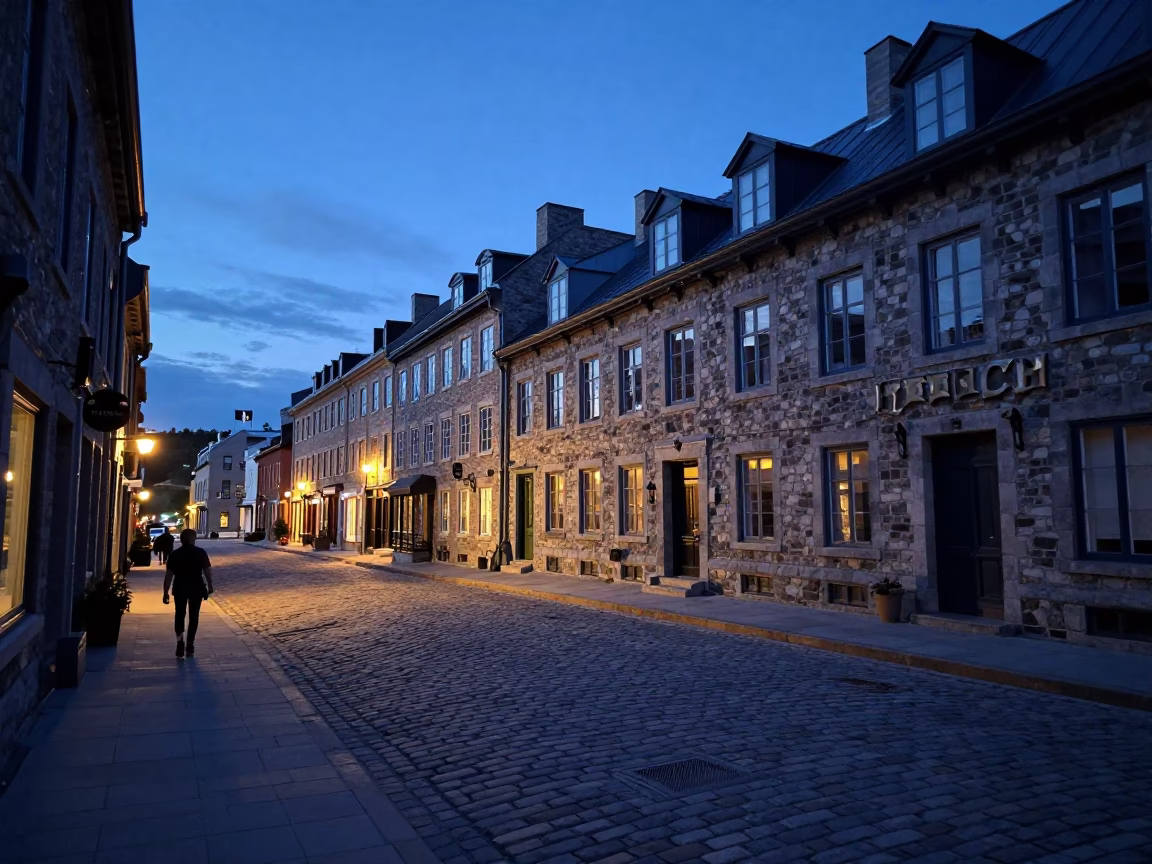 Indigo Twilight Street Scene in Quebec City with Wrench and Blank Notebooks in in Quebec City, Quebec, Canada