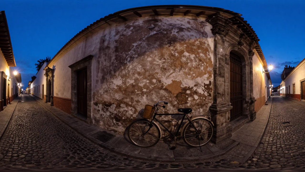 Indigo Twilight Street Scene in Quito Ecuador with Vintage Bicycle and Magazine Rack in in Quito, Ecuador