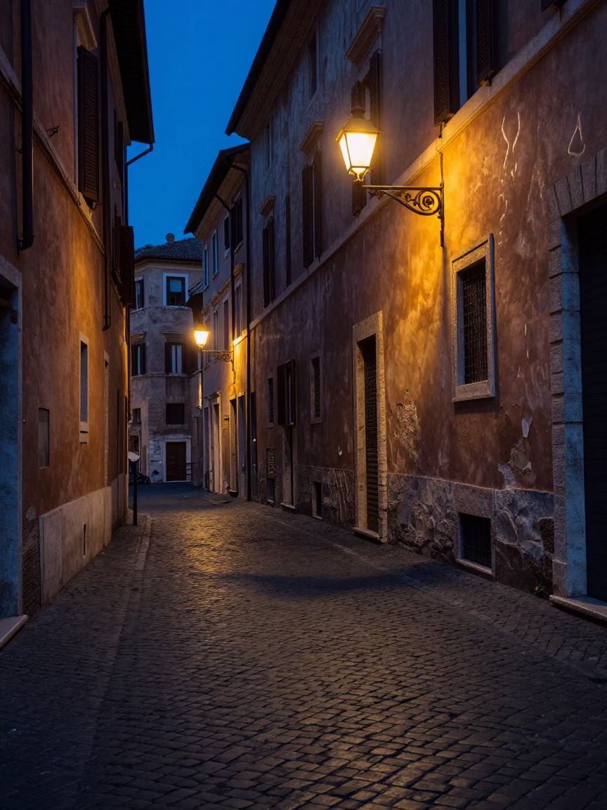 Indigo Twilight Street Scene in Rome Italy with Cobblestones and Lamplight in in Rome, Italy