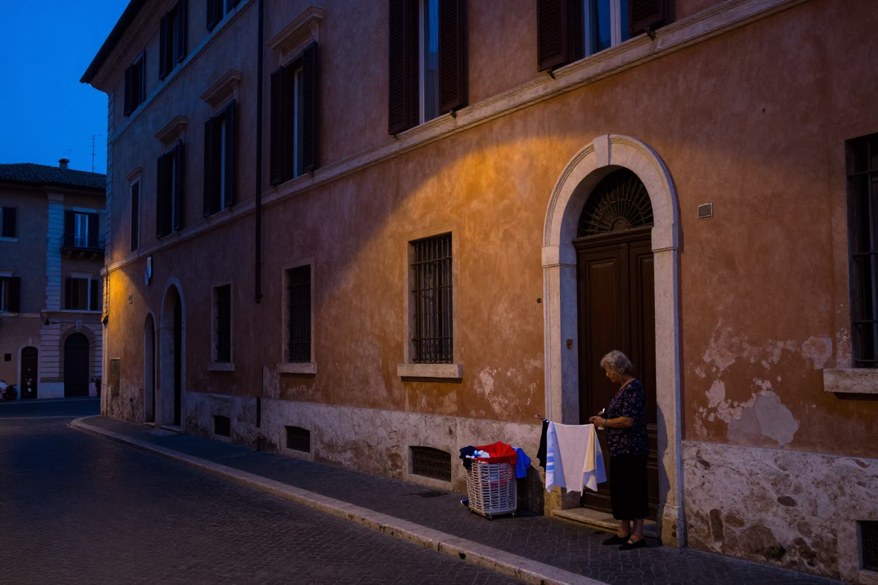 Indigo Twilight Street Scene in Rome Italy with Laundry Basket and Dog in in Rome, Italy