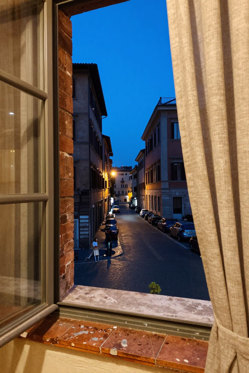 Indigo Twilight Street Scene in Rome Italy with Linen Curtains and Local Life in in Rome, Italy