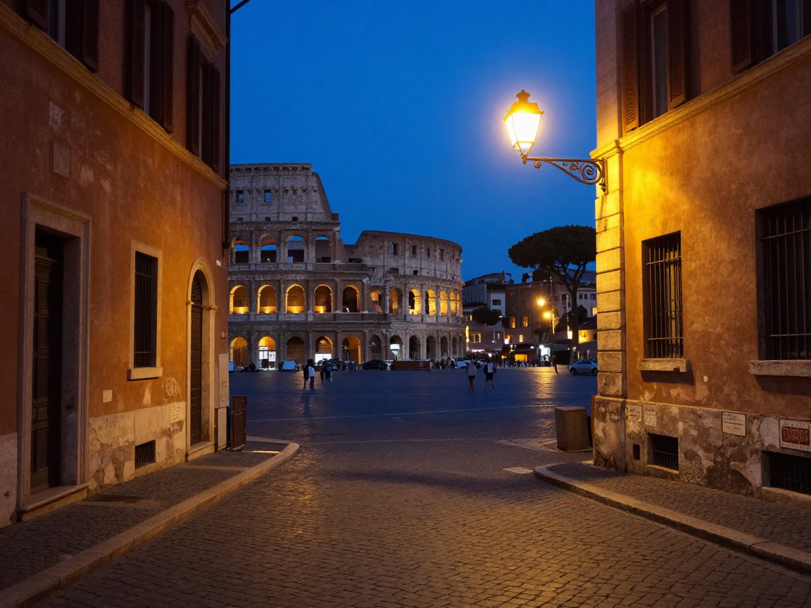 Indigo Twilight Street Scene in Rome Italy with Night Light and Woven Bread Basket in in Rome, Italy