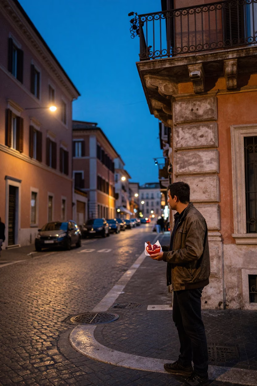 Indigo Twilight Street Scene in Rome Italy with Pomegranate and Urban Details in in Rome, Italy