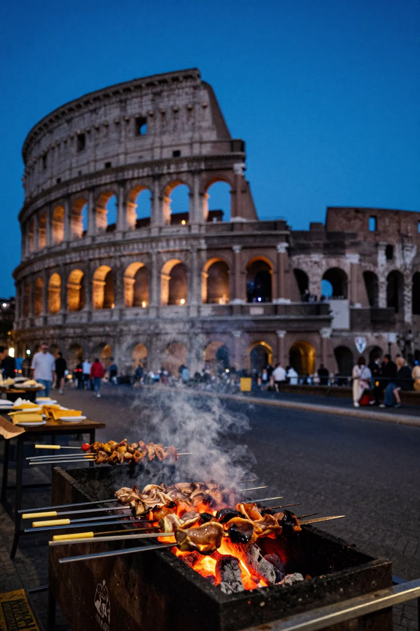 Indigo Twilight Street Scene in Rome Italy with Sate Skewers and Tambourine in in Rome, Italy