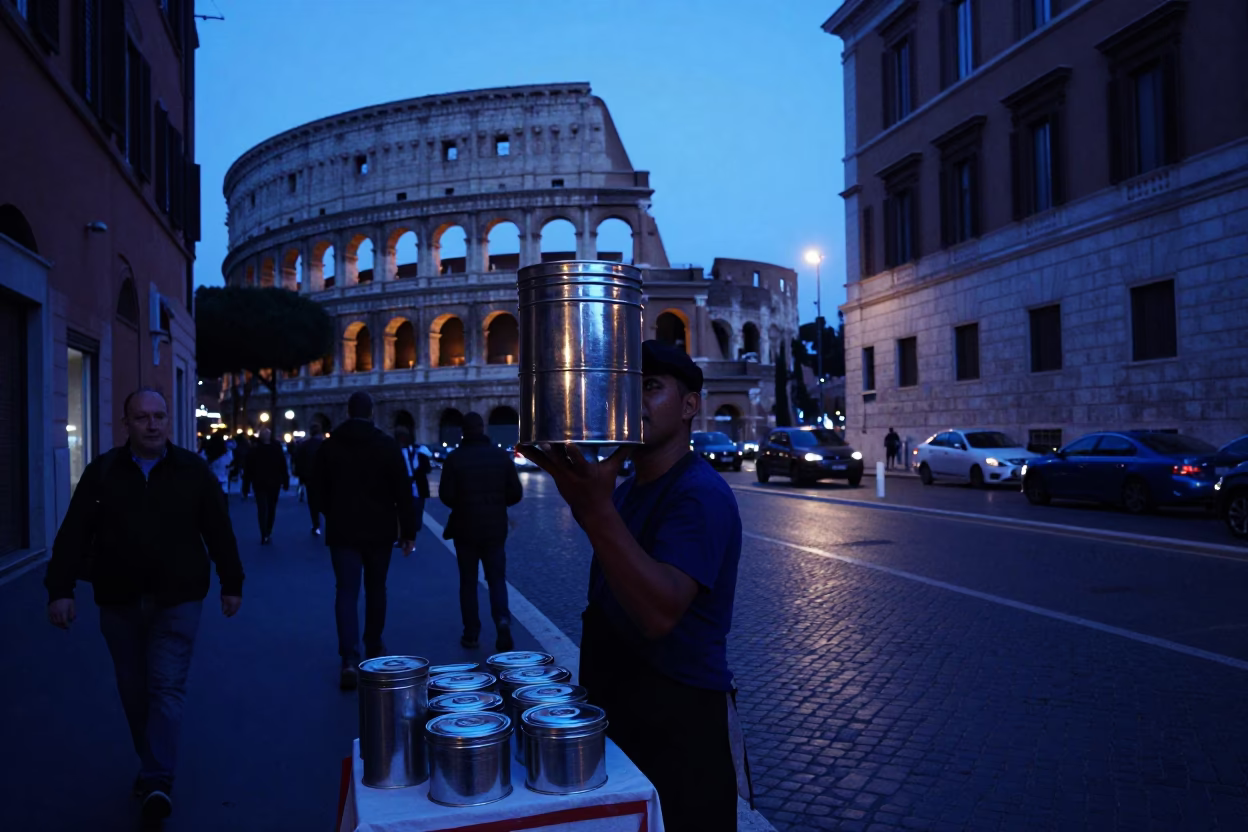 Indigo Twilight Street Scene in Rome Italy with Tiffin Tin and Watering Can in in Rome, Italy